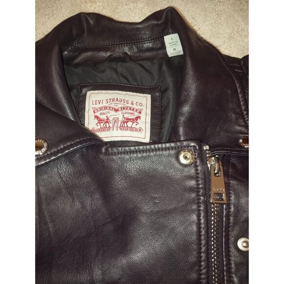 Levi's Faux Leather Jacket Women's Large Burgundy Moto Biker Asymmetrical Zip - Picture 6 of 6